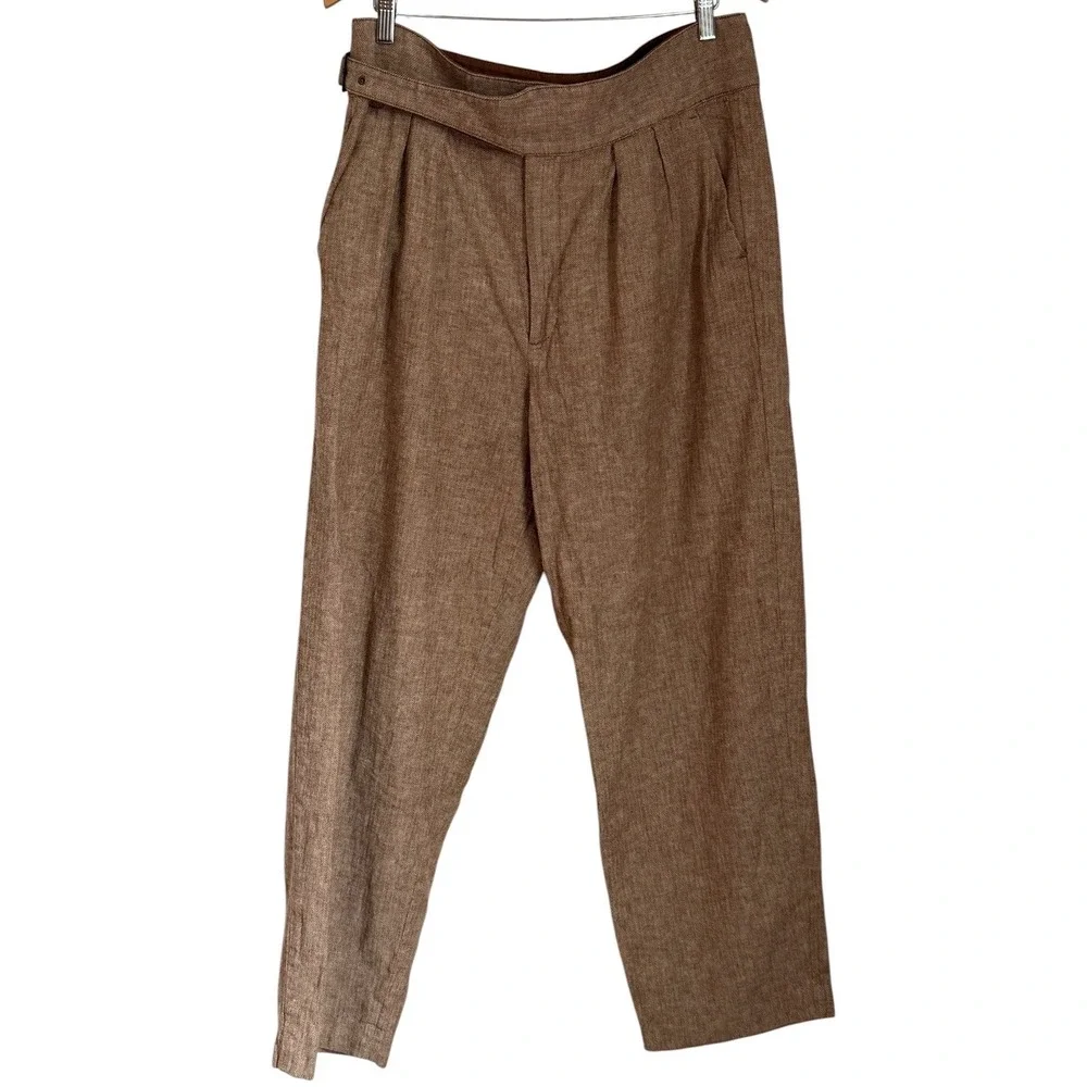 Banana Republic Herringbone Linen Blend Pants Womens 14 Brown Pleated Quiet Lux